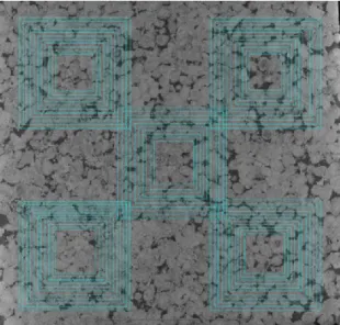 Figure 1. 17: Approximate location of the five subvolumes created for the determination of REV                                                           in section 2-D of the samples 