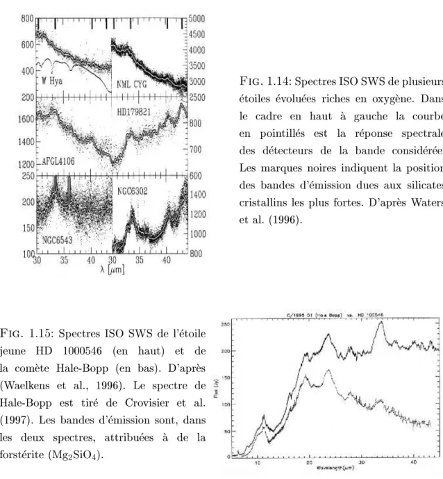 Fig. 1.15: Spectres ISO SWS de l'etoile jeune HD 1000546 (en haut) et de la comete Hale-Bopp (en bas)