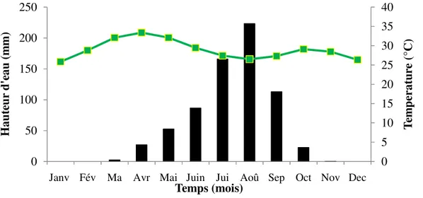 Figure 7 : Précipitations et températures moyennes de la Station de Kantchari sur une période  de 30 années (1986 à 2016)