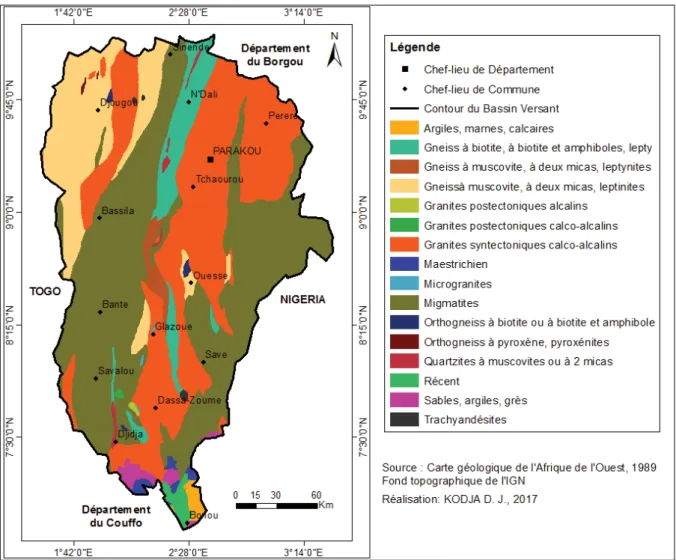 Figure 1. 7: Aspects géologiques du bassin-versant de l’Ouémé à l’exutoire de Bonou