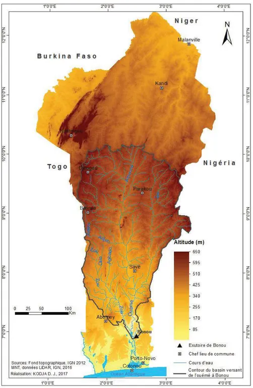 Figure 1. 8: Relief et les dénivellations du bassin-versant de l’Ouémé à Bonou