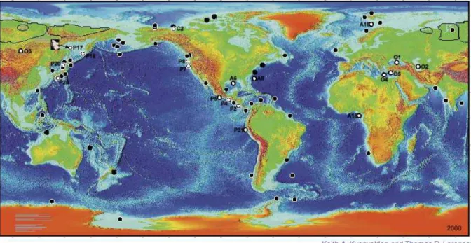 Figure 5.2 : carte de distribution des gaz-hydrates en 2001. Présence déduite soit des BottomsSimulating  Reflectors (BSRs – cercles noirs pleins), soit observation in situ (cercles blancs)