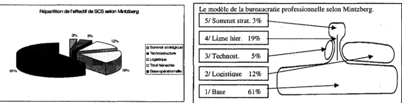 Tableau 15  : Répartition de l'effectif et représentation de la structure organisationnelle de S.C.S selon Mintzberg 
