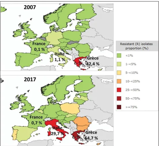Figure 9: Proportion de souches de K. pneumoniae résistantes aux carbapénèmes dans 5 pays européens  durant les trois premières années des épidémies décrites dans le pays