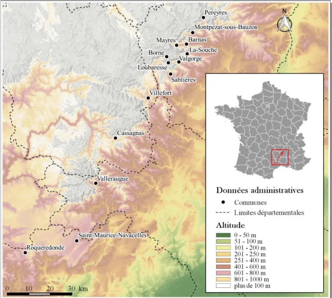 Figure 6.  Communes ayant  enregistré une pluie supérieure à 200  mm  en 24h plus  de 10  fois sur  la  période 1965-2014 (Source: http://pluiesextremes.meteo.fr, Edition du 24/02/2015).