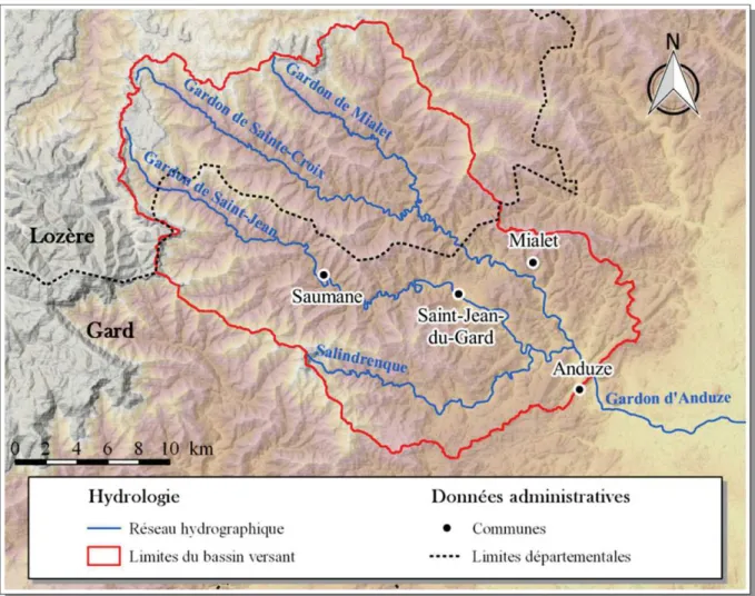 Figure 12. Présentation  du Gardon  d'Anduze, de son  bassin versant  et  de ses affluents
