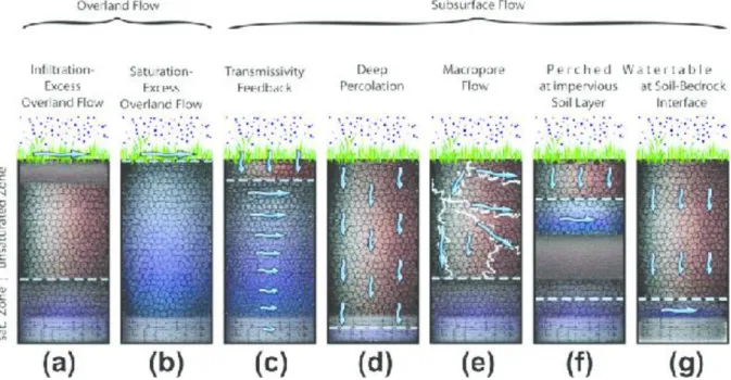 Figure 1.3: (Rinderer et al., 2012) Different types of surface and subsurface runoff processes