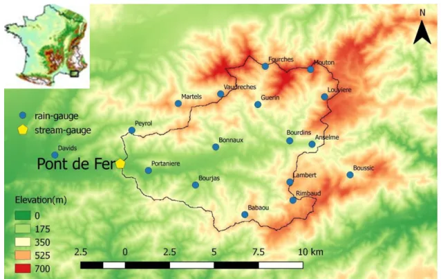 Figure 3.1: Maps of the Real Collobrier catchment. Relief (from IGN ALTI database at 25m  spatial resolution) and rain gauges location