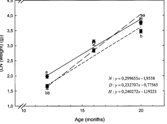 FIGURE 1  Growth rate of laboratory-raised C.  clupeaformis groups during their  second  year  (from  12  to  20  months)  of  growth