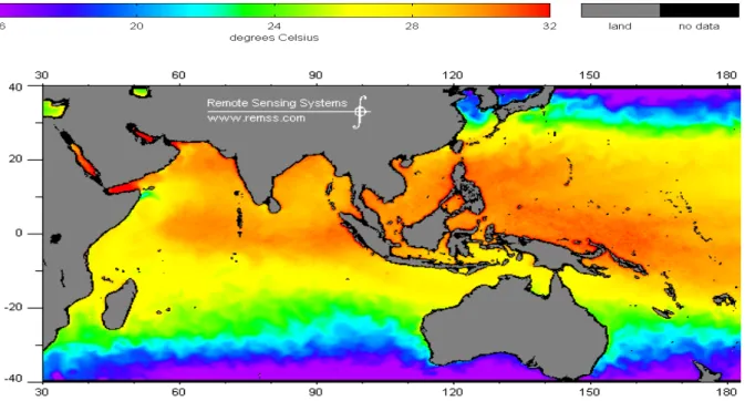 Figure 2.13 moyenne mensuelle (juin 2006) de la température de  surface de la mer en degré  Celsius  issue  de  TMI