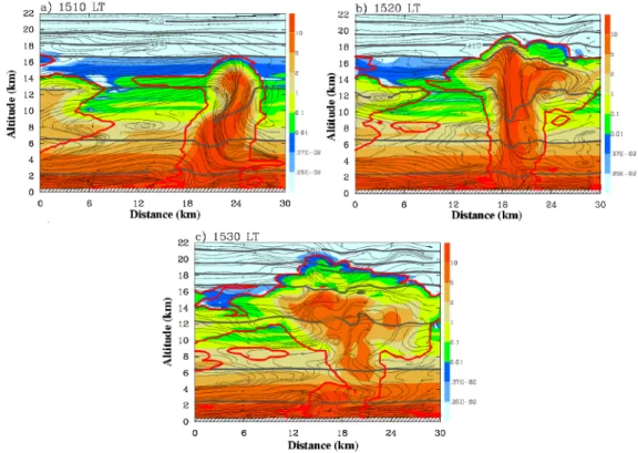 Figure 32 : Coupes méridionales de la fraction massique de la vapeur d’eau (g/kg) à 15h10, 15h20 et 15h30  le  4 février 2005 à une latitude de 21,1 °N (dans une des régions convectives de la zone orageuse)