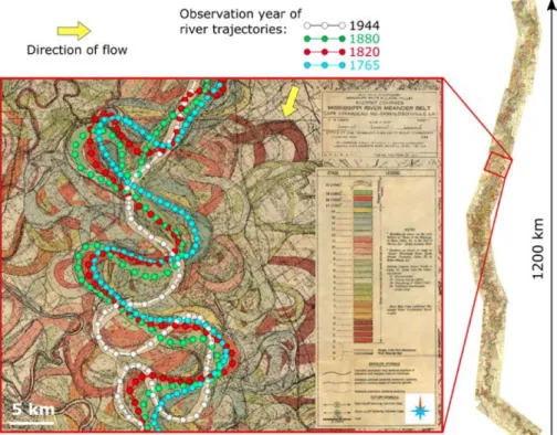 Figure 1.2 Picking of the four last trajectories of the Mississippi in 1944 (in white), 1880 (in green), 1820 (in red) and 1765 (in blue) on an extract of map [http://lmvmapping.erdc.usace.army.mil/]