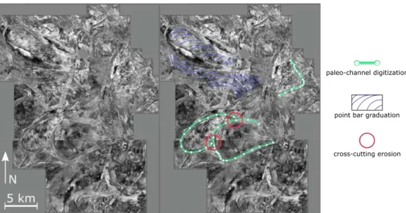 Figure 2.1 Age constraint detected from seismic image analysis. The analysis of gradual traces of point bars permits to analyse the gradual evolution of the channel