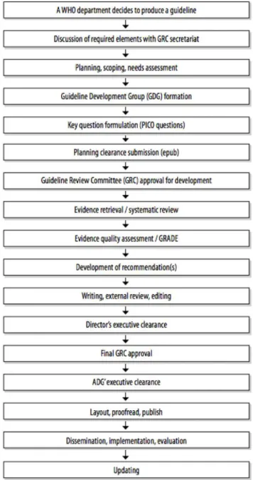 Figure 1.4 – Processus de développement de guides de bonne pratique selon l’OMS, extrait du Handbook for guideline development [WHO, 2014]