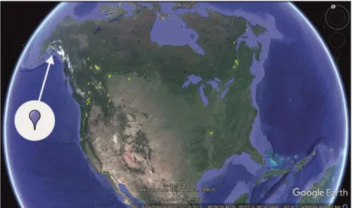 Fig. 2.2c. Pin distribution in North America; example of a blue droplet (after GOOGLE EARTH, 2016)