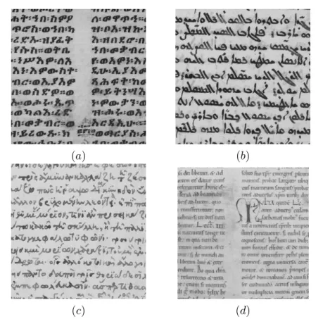 Figure 1 – Example of the four scripts used for the image-based classification study in the second part of the thesis (a) Ethiopian (b) Syriac (c) Greek (d) Latin historical documents