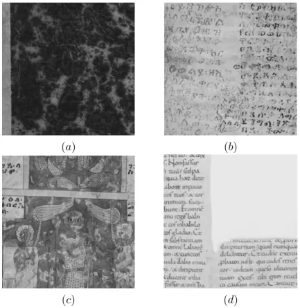 Figure 2 – Different forms of artifacts and degradation due to human intervention or the storage conditions (a) Black cover page (b) Stains and ink dillutions (c) Artifacts