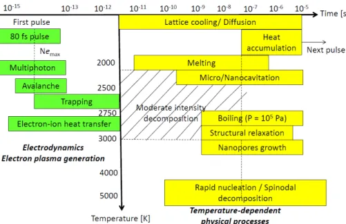 Figure 1.5: Schematics of main physical processes involved in the ultrashort laser processing of fused silica bulk.