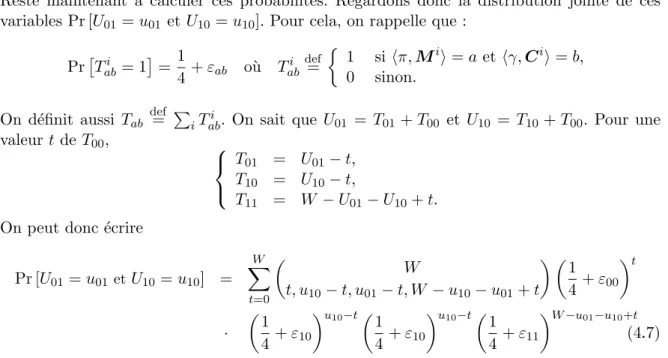 Table 4.2 – Valeurs des λ(W ) intervenant dans la probabilit´e de succ`es d’une cryptanalyse lin´eaire par approximations imbriqu´ees pour de petites valeurs de W .