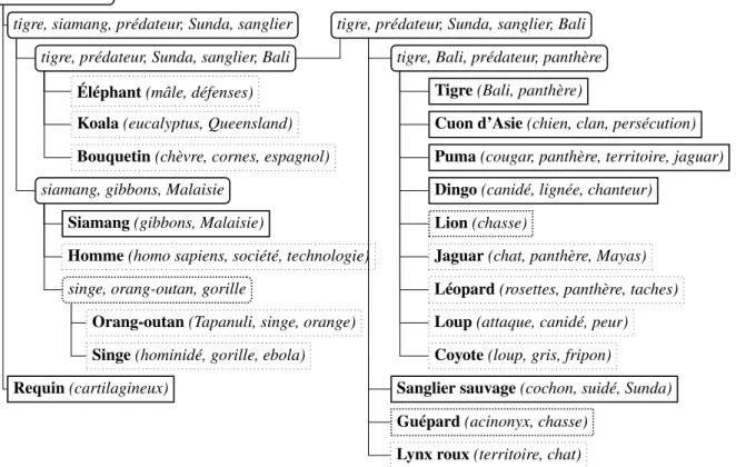 Figure 1: Représentation des résultats pour la requête «Tigre». Les animaux correspondant aux documents sont écrits en gras