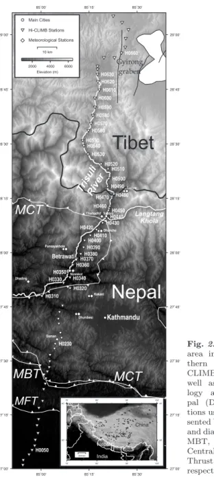 Fig. 2.3: Location of the study area in central Nepal and  sou-thern Tibet. Main cities, Hi–