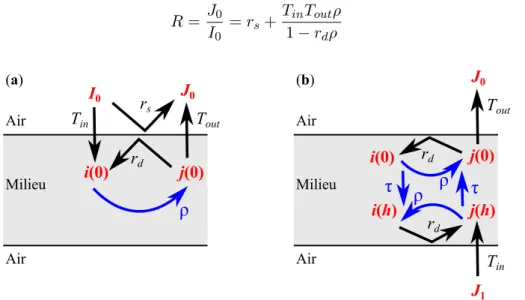 Figure 3.2 – Réflexions et transmissions à l’interface air-milieu lorsque la couche est observée en mode réflexion (a) et en mode transmission (b).