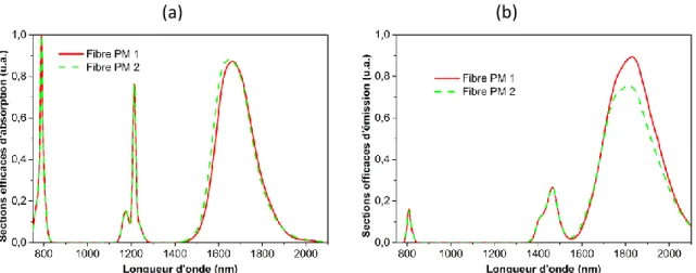 Figure 2.11 : Section efficaces d’absorption (a) et d’émission (b) normalisées pour les fibres  SM 2 et PM 2