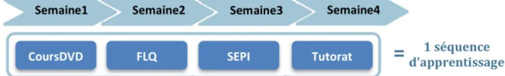 Fig. 1. Les quatre activités d’une séquence d’apprentissage sur quatre semaines  Dans chaque séquence, la première semaine consiste à étudier le cours sur  DVD-ROM  ou  sur  le  site  Medatice  (diapositives  +  vidéos  du  professeur)