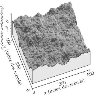 Fig. 1.3 – Génération de surfaces auto-affines isotropes par méthode spectrale. Les deux surfaces ont même spectre de phase (non représenté).