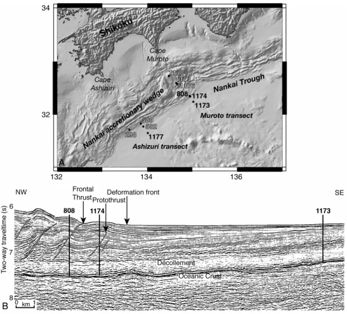 Figure 1: (A) Location of ODP (Ocean Drilling Program) drill holes in Nankai Trough and Accretionary Wedge offshore of Shikoku Island