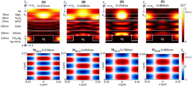 Figure 4.7  Electric eld cross-section distribution (TE polarization) at several resonant wavelengths for the 205 nm-thick GaAs solar cell with the optimized grating structure