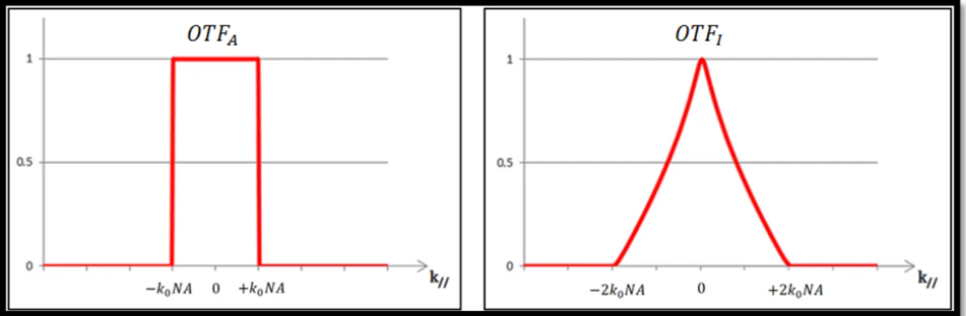 Figure I.1.4-a : Fonctions de transfert optique en amplitude et en   intensité (pour NA=0.8)