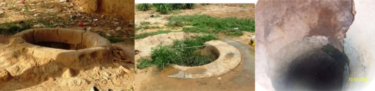 Figure I- 2 : Etat de quelques puits alimentant la ville de Niamey en eau (photo 1 : Saga ; photo 2 et  3 : Alpha Kouara photos prises en saison des pluies et en saison sèche) 