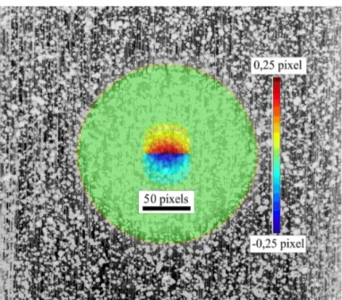 Figure 1.5 : Superposition d’une image de référence et du champ de déplacement correspondant à une microfissure avec les caractéristiques suivantes : L = 50 pixels,