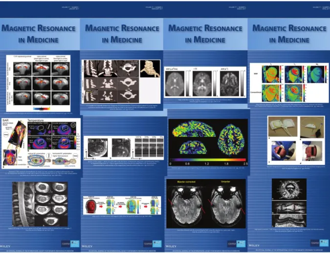 Figure I.1 : Mosaïque des unes de la revue « Magnetic Resonance in Medicine » de janvier 2017 à janvier  2018 (de gauche à droite et de haut en bas)