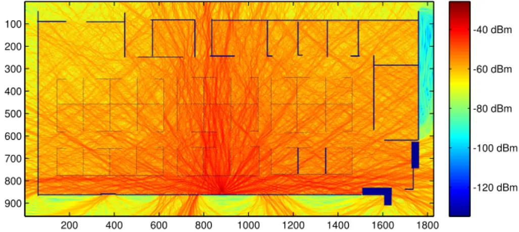 Figure 4.7: Radio coverage map of Tx3 simulated with the MR-FDPF model at 2.45 GHz plotted in dBm.