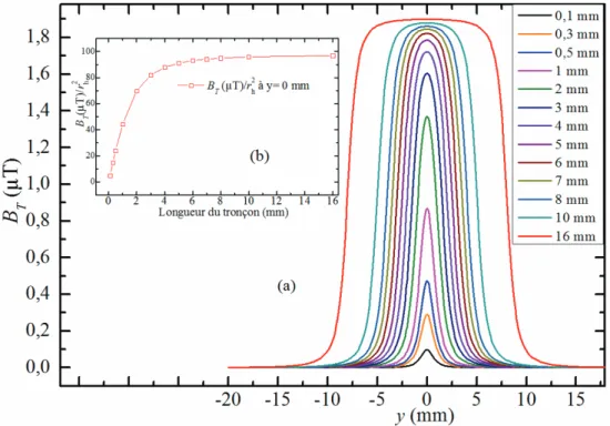 Figure  2. 5 :(a)  Variation  de  l’induction  magnétique  théorique,  B T ,  induite  par  le  déplacement de tronçons de nanoparticules magnétiques de différentes longueurs (de 0,1 mm  à 16 mm), pour z 0  = 400 µm, x 1  = 800 µm, x 2  = 1,08 cm