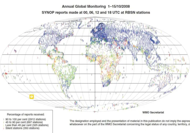 Figure 2.4. Etat des rapports des stations synoptiques à l’échelle mondiale pour la 1 ère  moitié du mois d’octobre  2008