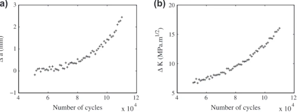 Fig. 2. Artificial data corresponding to the ‘‘measured’’ crack tip position a m (a) and SIFR DK m (b) including noise.