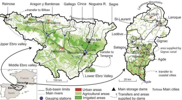Fig.  1  The  Ebro  and  the  Hérault  catchments:  location  of  the  main  human  pressures  (urban  and  agricultural areas, main storage dams and water transfers) on water resources.