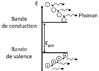 Figure 4 : Schéma de la thermalisation des porteurs chauds par libérations successives de phonons  jusqu’à atteindre les bords du gap