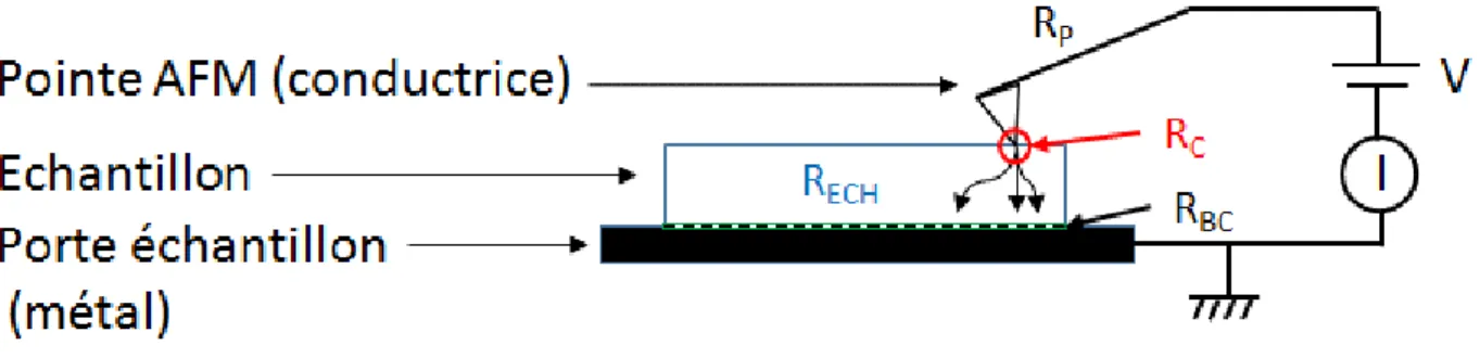 Figure 11 : Schéma de mesure c-AFM, indiquant les résistances qui influent sur la mesure.
