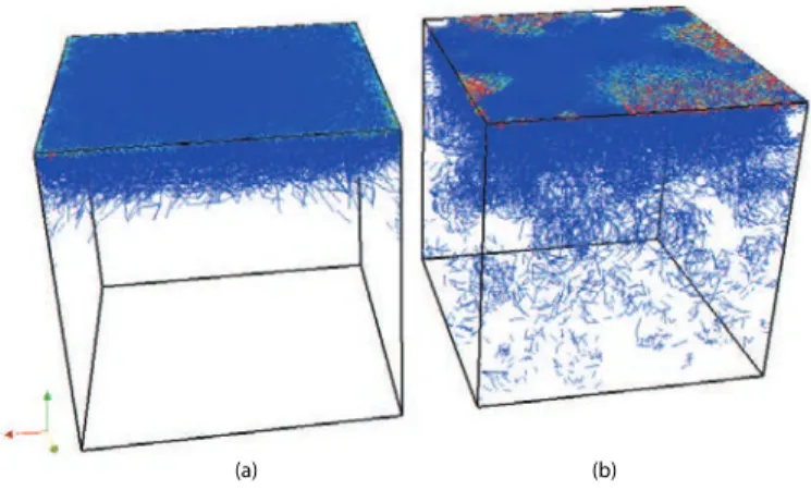 Figure 4 – Fissuration obtenue au sein : (a) de la pâte de ciment (b) des granulats