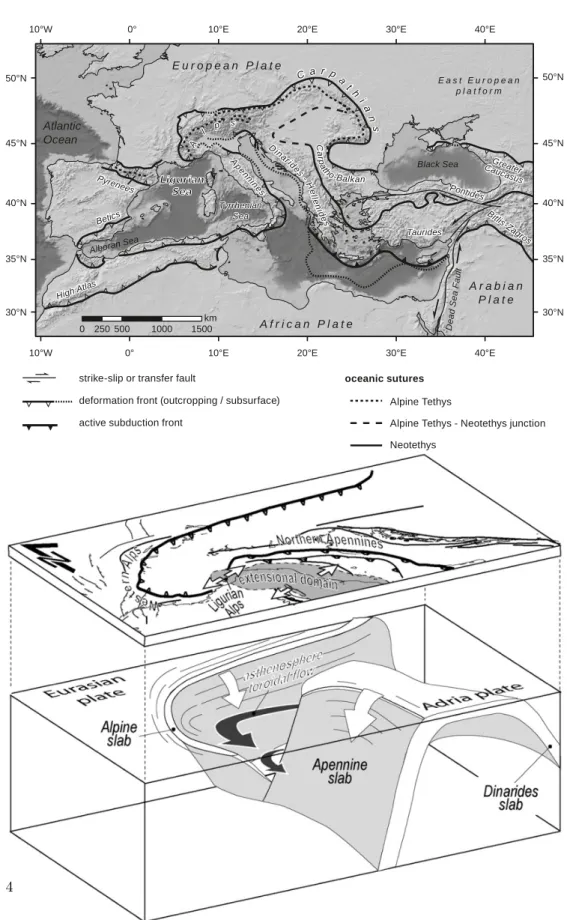 Figure 1.1: Top: Orogenic fronts of the Mediterranean chains. Modified after Us- Us-taszewski et al
