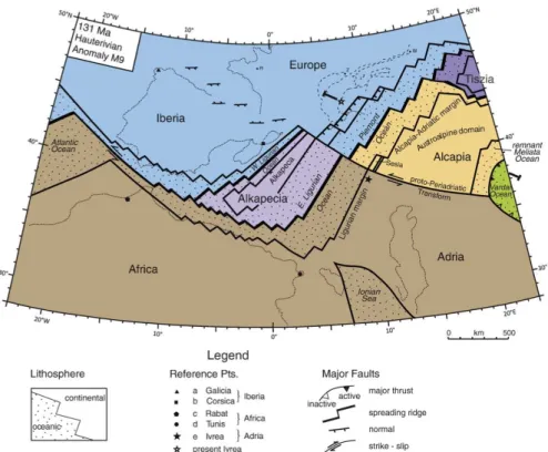 Figure 1.2: Plate tectonic map of the Alpine Tethys (Ligurian and Piemont oceans) and western embayment of Neotethys (Meliata and Vardar oceans)