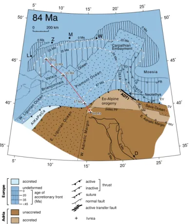 Figure 1.3: Plate tectonic map for 84 Ma, beginning of the subduction of Alpine Tethys (Ligurian, Valais and Piemont oceans)
