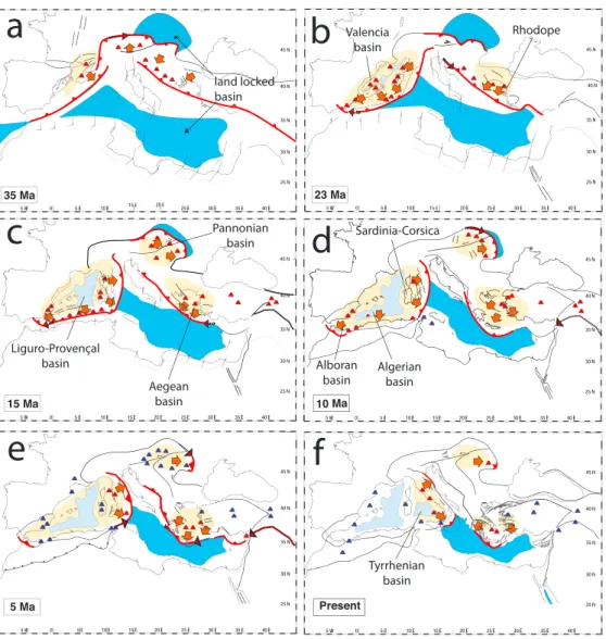 Figure 1.5: Plate tectonic evolution from 35 Ma to present. Red lines indicate active subduction