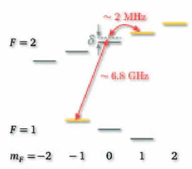Figure 2-1: The two clock states |1, 1i and |2, 1i are coupled via a 2-photon transi- transi-tion, MW+RF, where the microwave is tuned ≈ 500 kHz above the |1, 1i → |2, 0i transition.