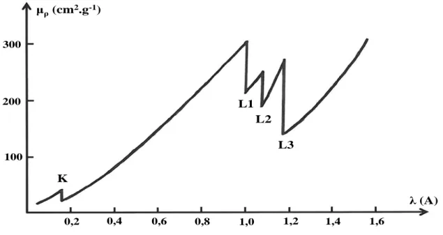 Fig. II-7 : variation de  µµµµ ρρρρ  en fonction de  λλλλ . dans le cas du tungstène fréquence νννν supérieure à ννννK avec ννννK telle que hννννK=WK=h.c/λλλλK