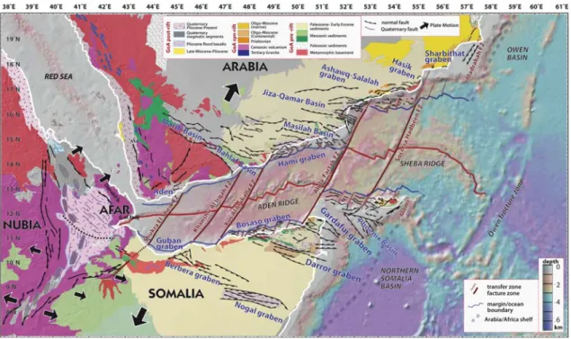 Figure I.2.3: Carte géologique simplifiée du golfe d’Aden (Leroy et al., 2012). Les flèches représentent les vecteurs de déplacement des différentes plaques.